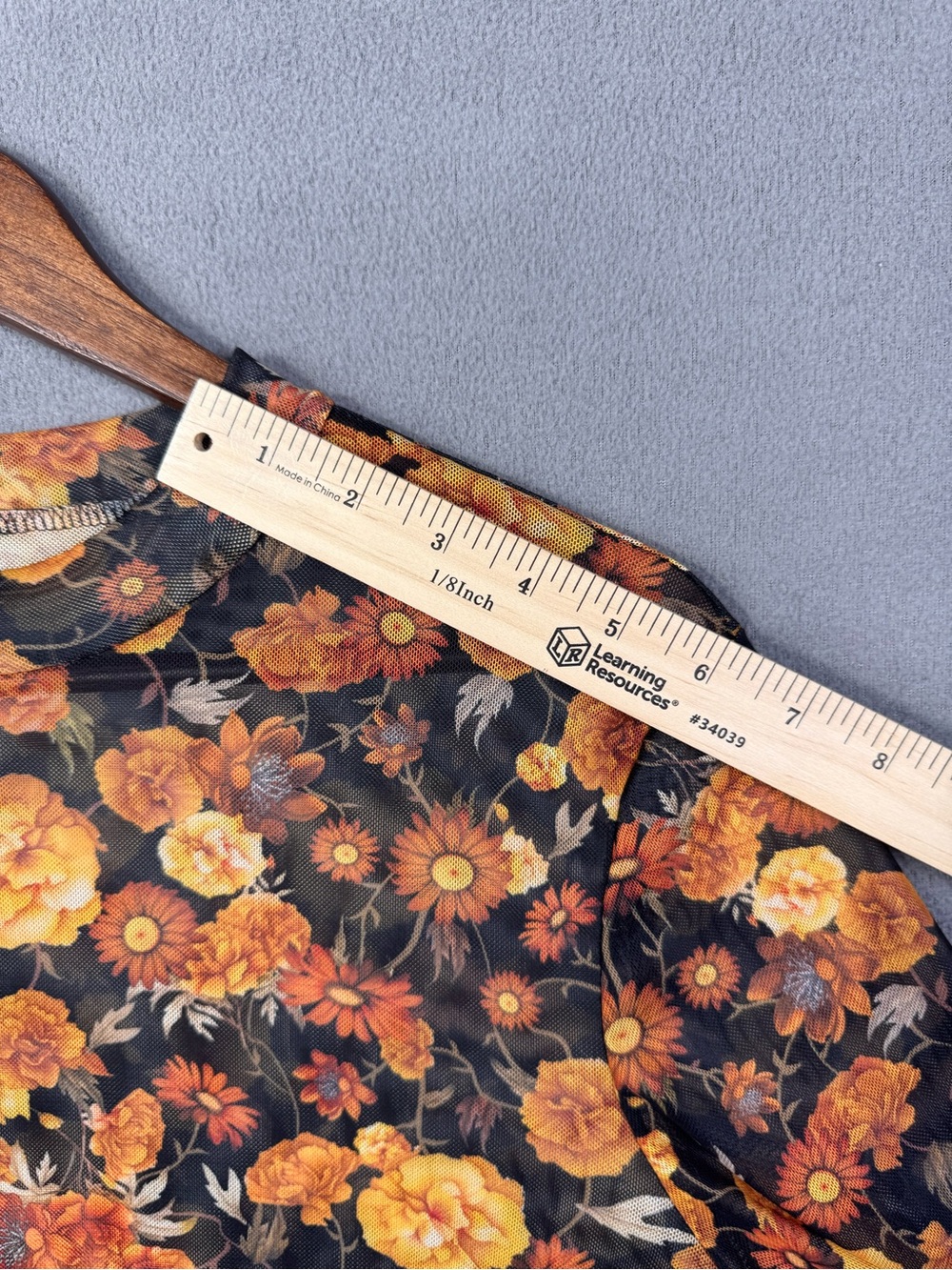 Boho Sheer Floral SheerLong Sleeve Crop Top Black with Orange Yellow Flowers, XL - Picture 11 of 14